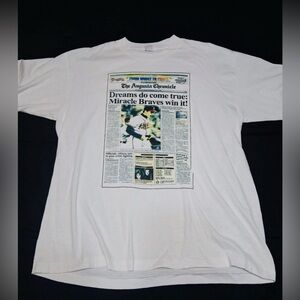 Vintage 1991 Atlanta Braves Dreams Do Come True Newspaper Print T-Shirt Men’s XL